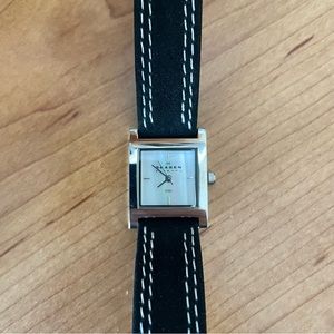 Skagen Women's Wristwatch Mother of Pearl Face Black Leather Band Analog Watch